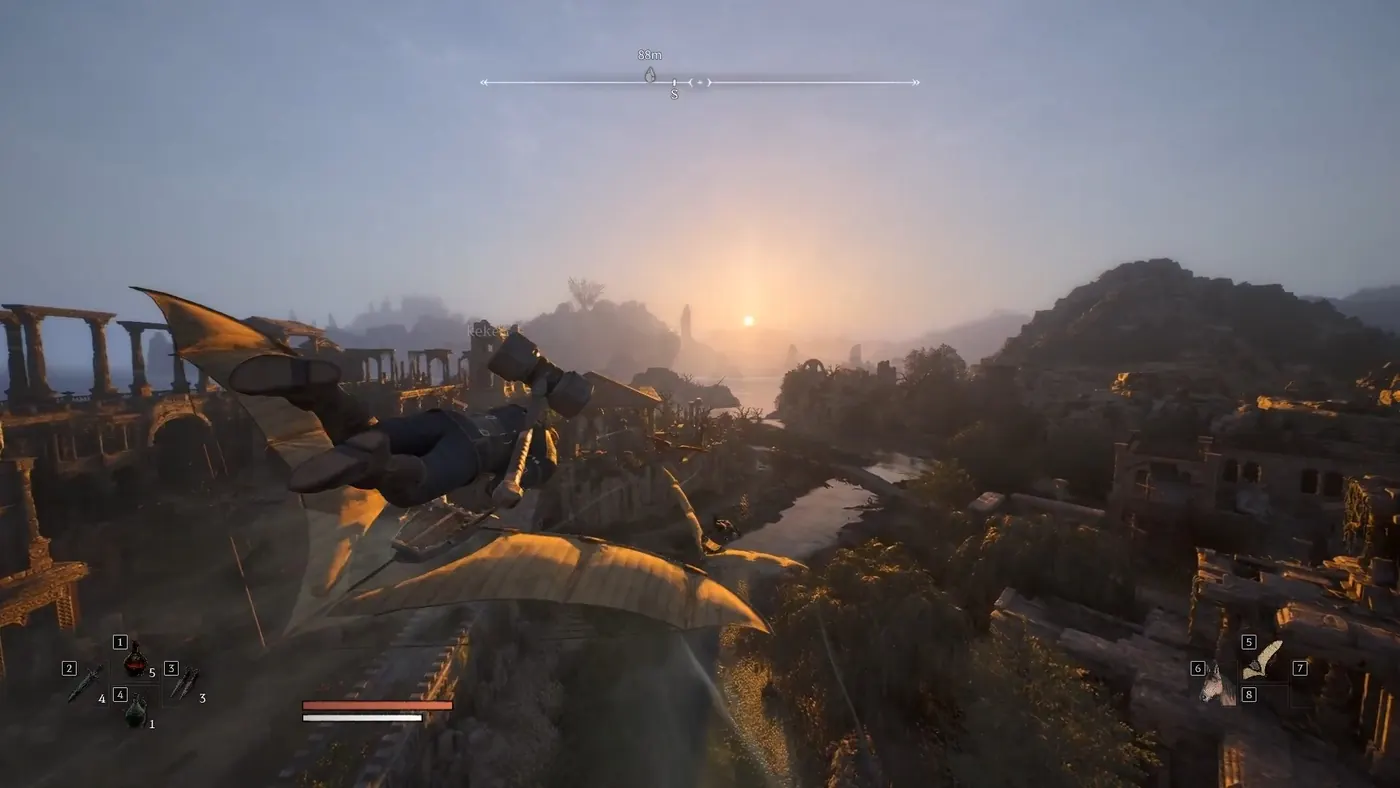 ArcheAge Chronicles: Spielfigur gleitet mit dem Gleiter über eine Landschaft im Abendlicht