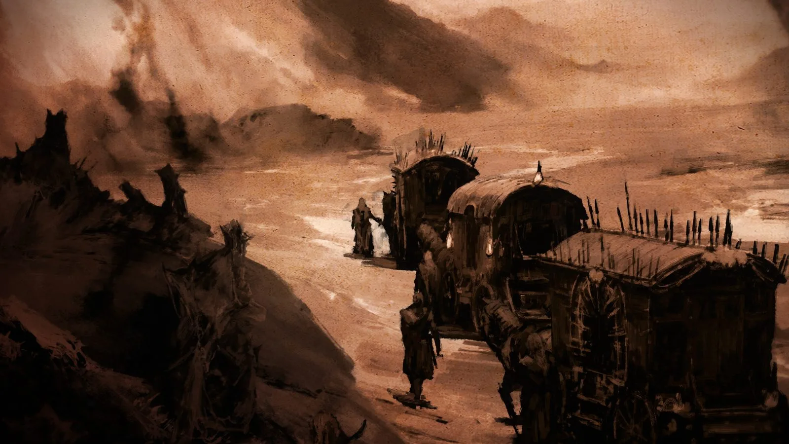 Caravan concept art: wagons and companions crossing a wasteland under a smoky sky