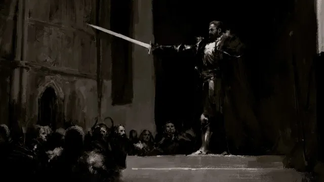 Concept art: the Heir to Westmarch holds out a sword over a crowd in a dark hall