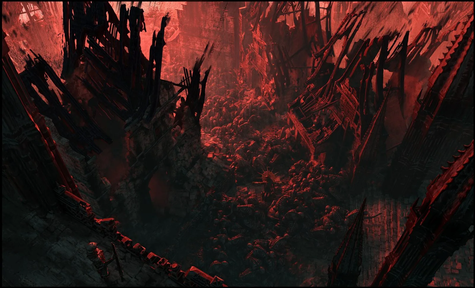 Concept art: land ravaged by Diablo with red thorns and rocks