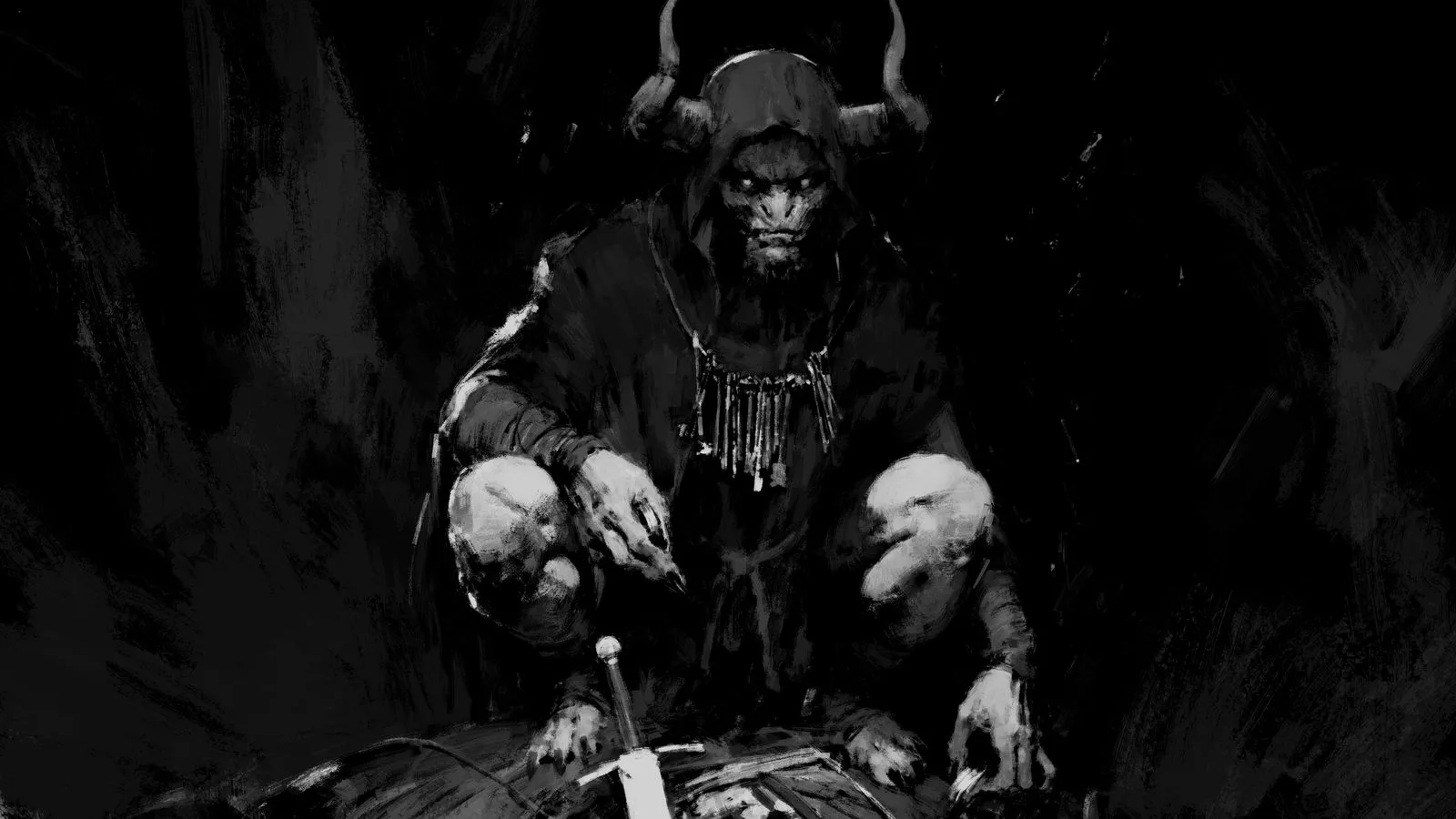 Black-and-white concept art of a horned figure in a ragged cowl