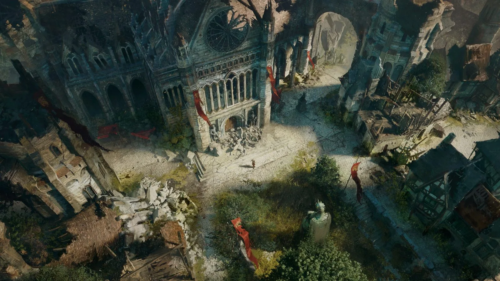 Concept art from above: a ruined square in front of a cathedral in Sanctuary