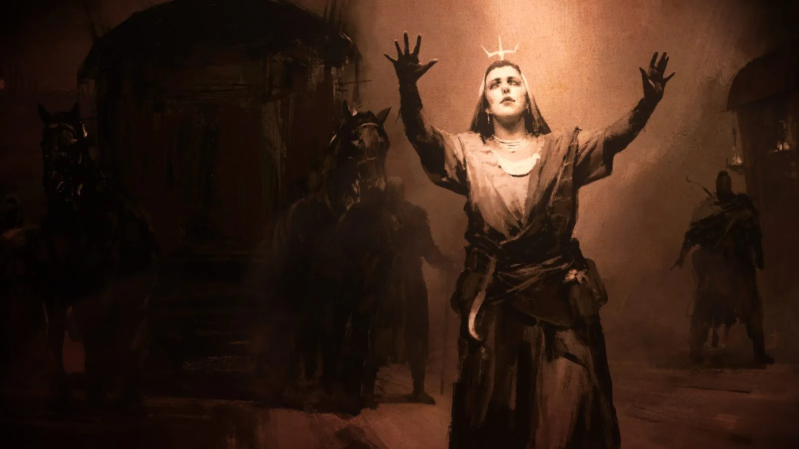 Concept art: a robed woman raises her arms, surrounded by figures in the half-light
