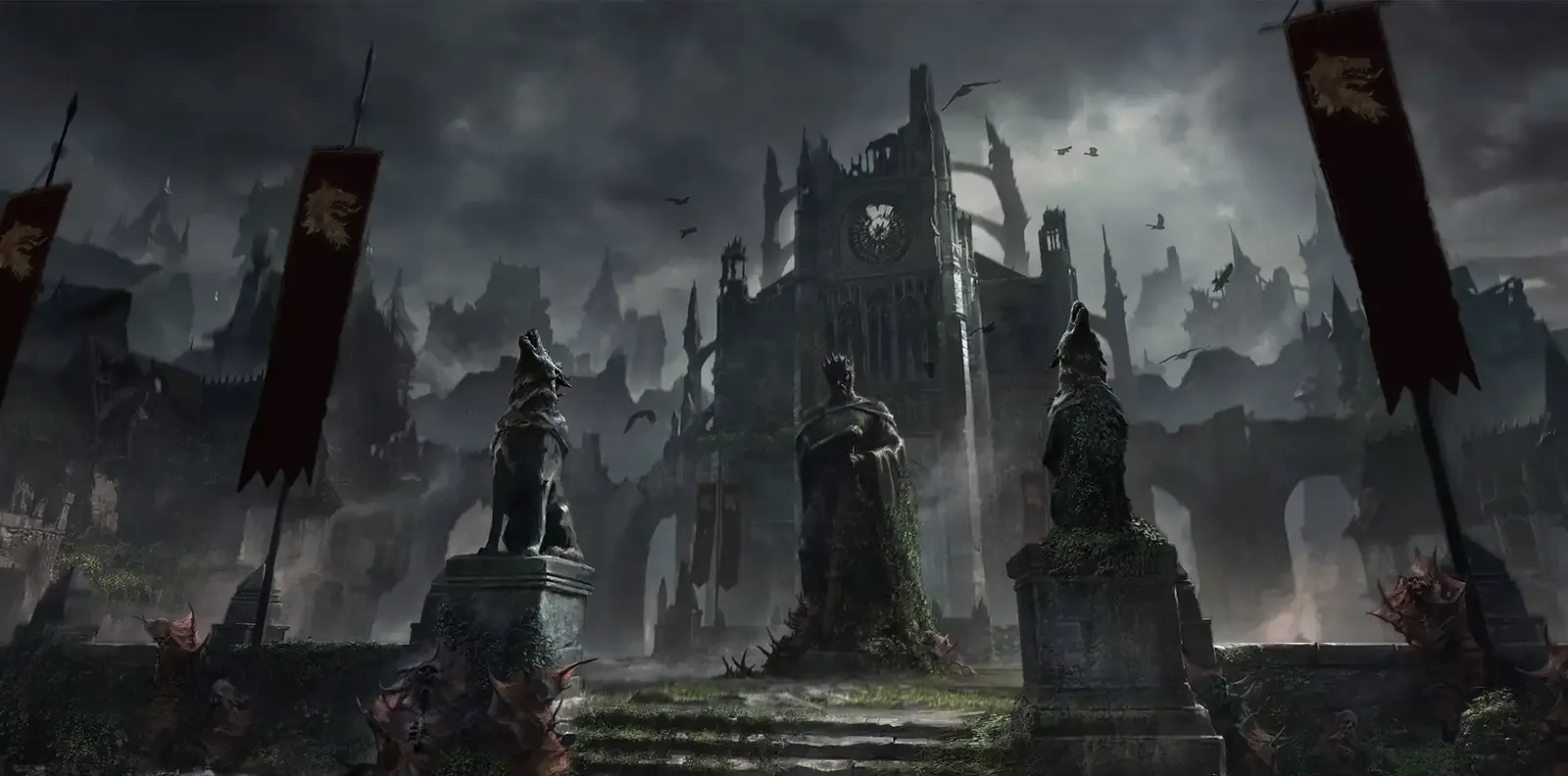 Concept art: statues and banners in front of the ruined city of Westmarch at night
