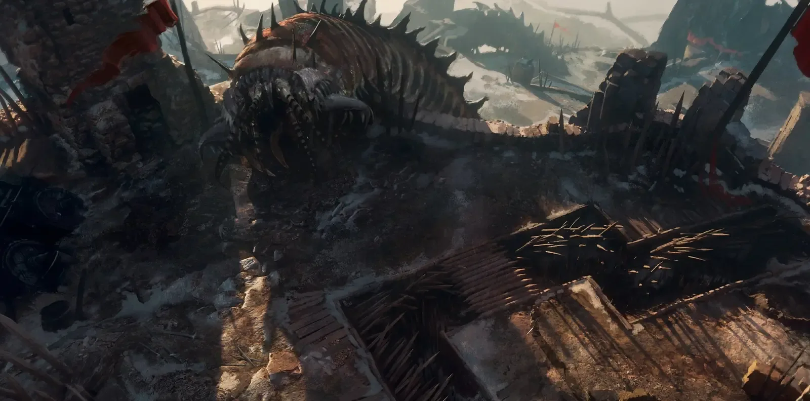 Concept art: a huge creature sprawled over wrecked wooden structures