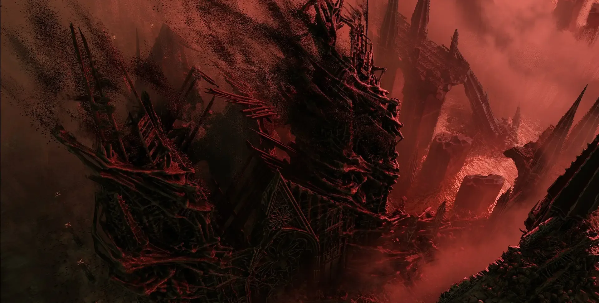 Diablo V key art: a hellish cathedral overgrown with thorns and spikes under a red sky