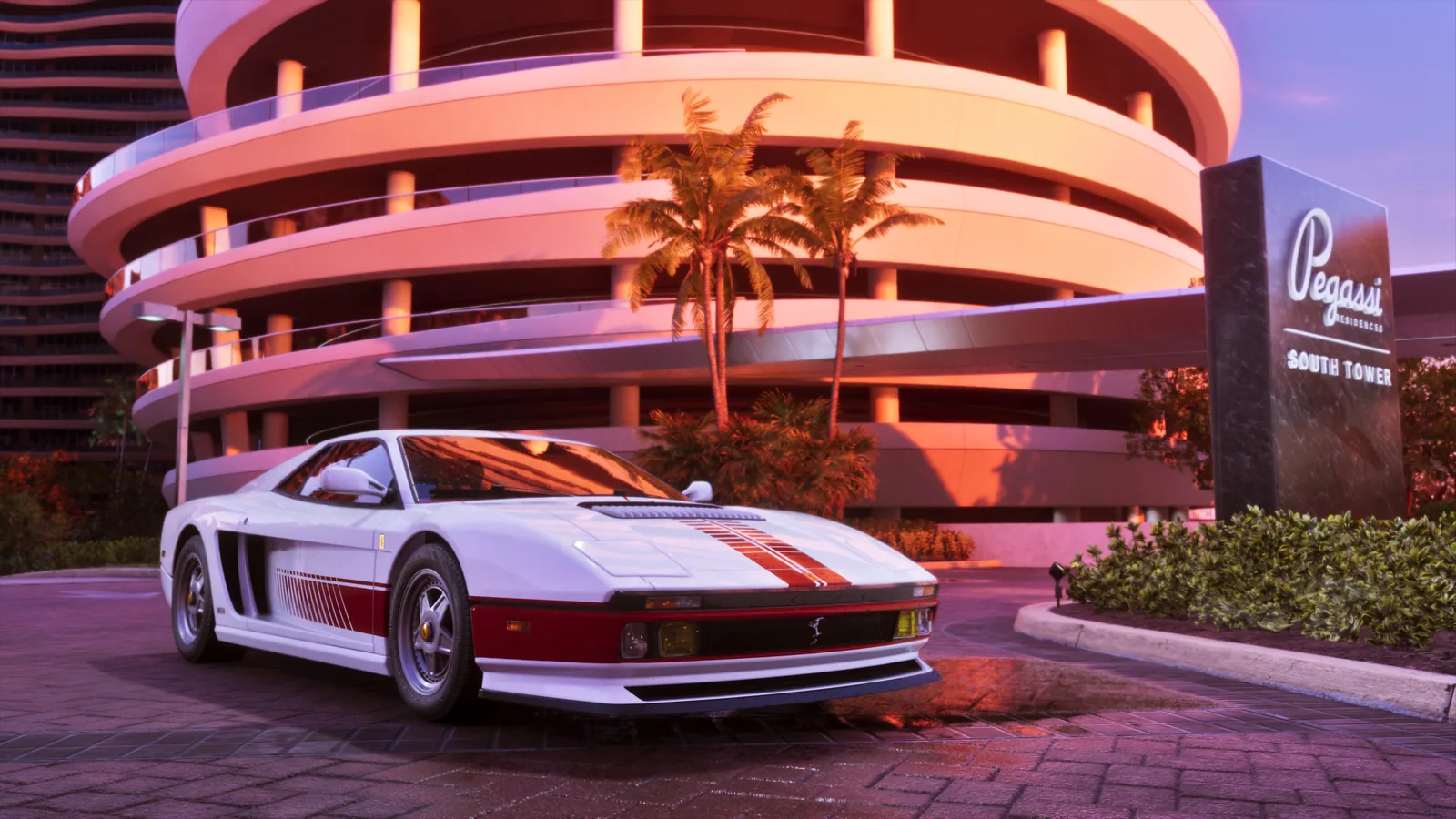 GTA 6: the 1995 Grotti Cheetah sports car in front of a Vice City hotel