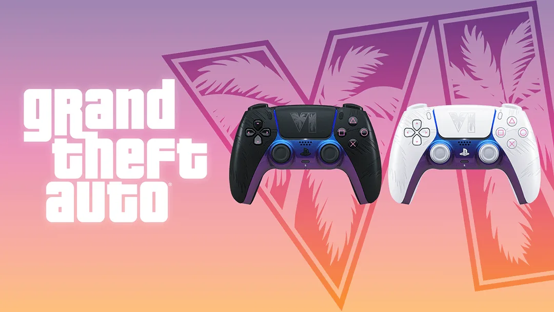 GTA 6: die beiden limitierten DualSense-Controller in Schwarz und Weiß vor dem Logo