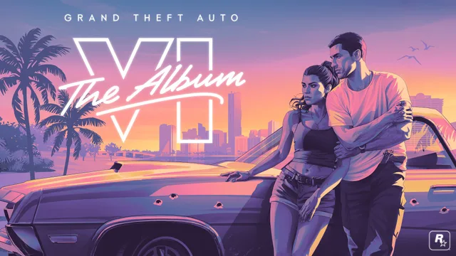Titelbild von Grand Theft Auto VI: The Album: Lucia und Jason an einem Auto vor der Skyline von Vice City