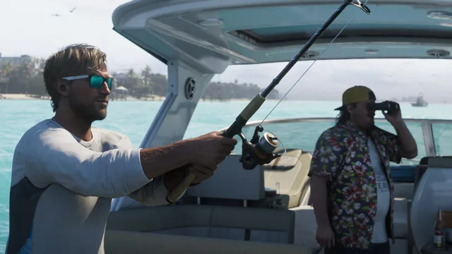 Jason fishing on a boat while Cal looks through binoculars