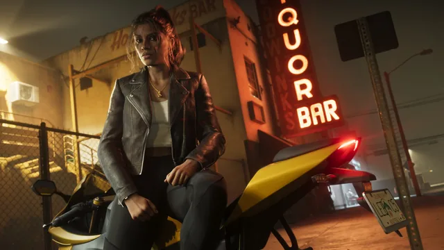 Lucia leaning on a motorcycle in front of a neon sign