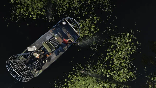 Ein Propellerboot von oben, umringt von Alligatoren