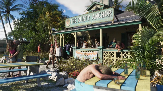 The Rusty Anchor beach bar with a passed-out guest in front