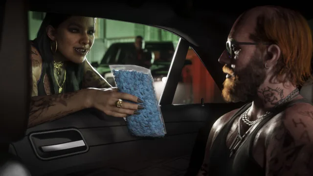 A woman handing a package to a man in a car