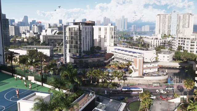 A view over Vice City with roads, palm trees and a basketball court