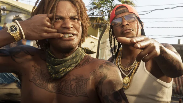 Two men in Vice City, one showing off his grill