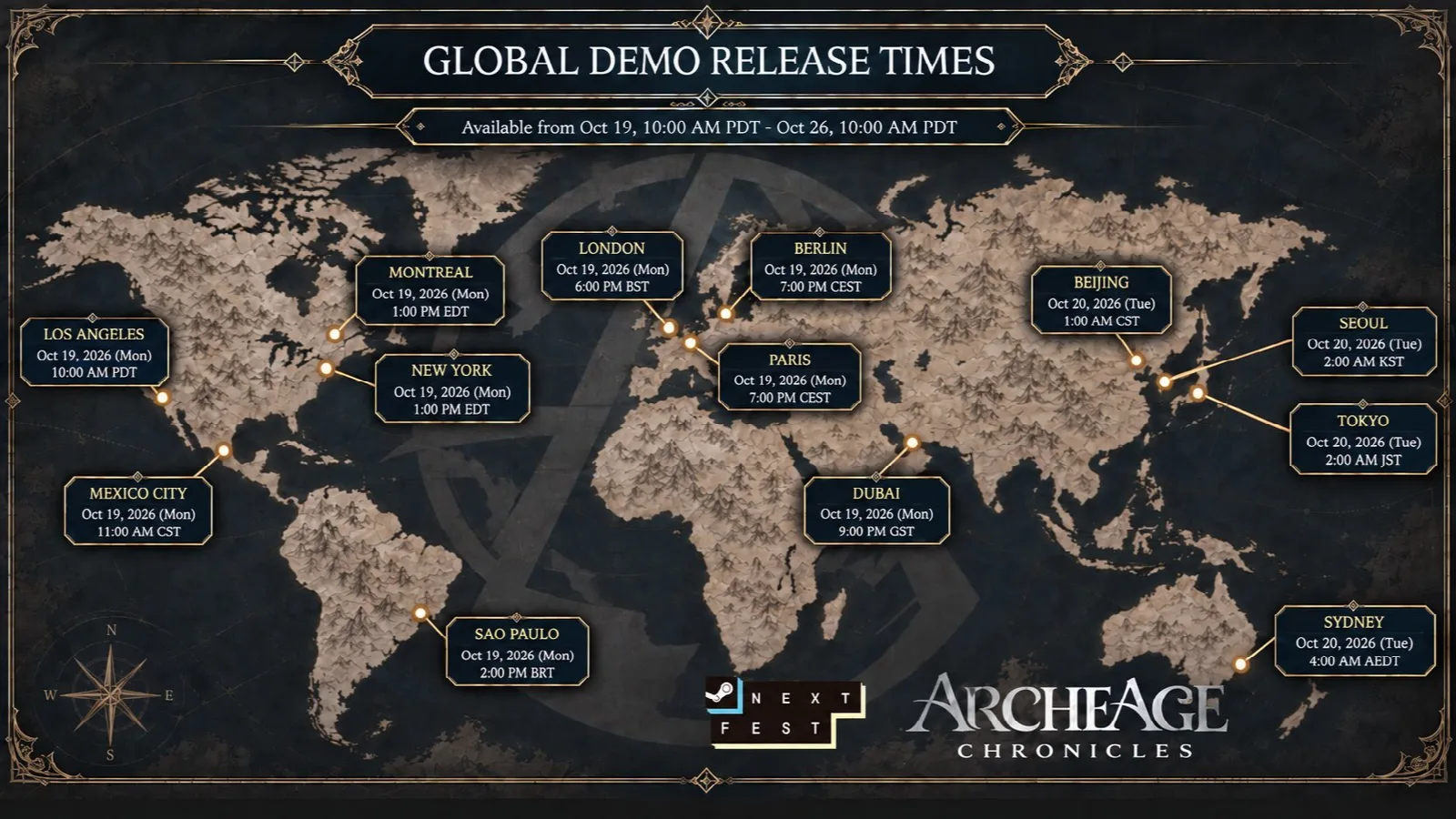 ArcheAge Chronicles world map showing the Steam Next Fest demo start times in 13 cities