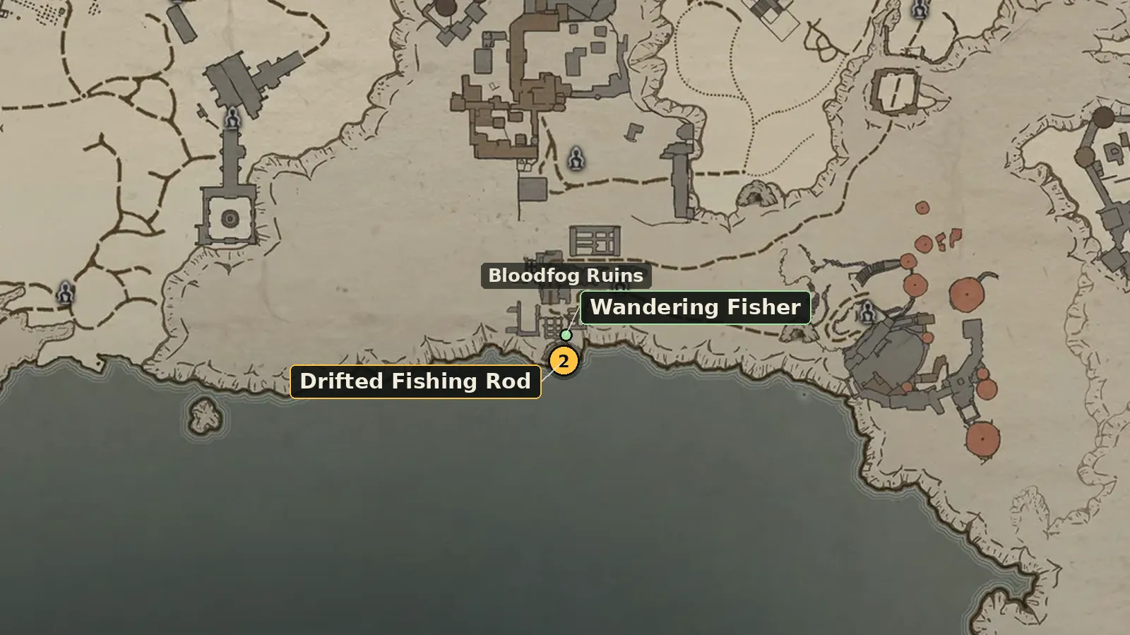 Close-up of the world map: Drifted Fishing Rod at the Bloodfog Ruins with the Wandering Fisher