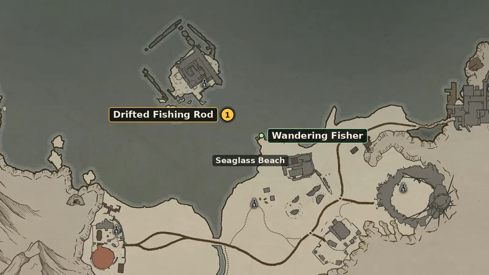 Close-up of the world map: Drifted Fishing Rod in the water off Seaglass Beach and the Wandering Fisher on the beach
