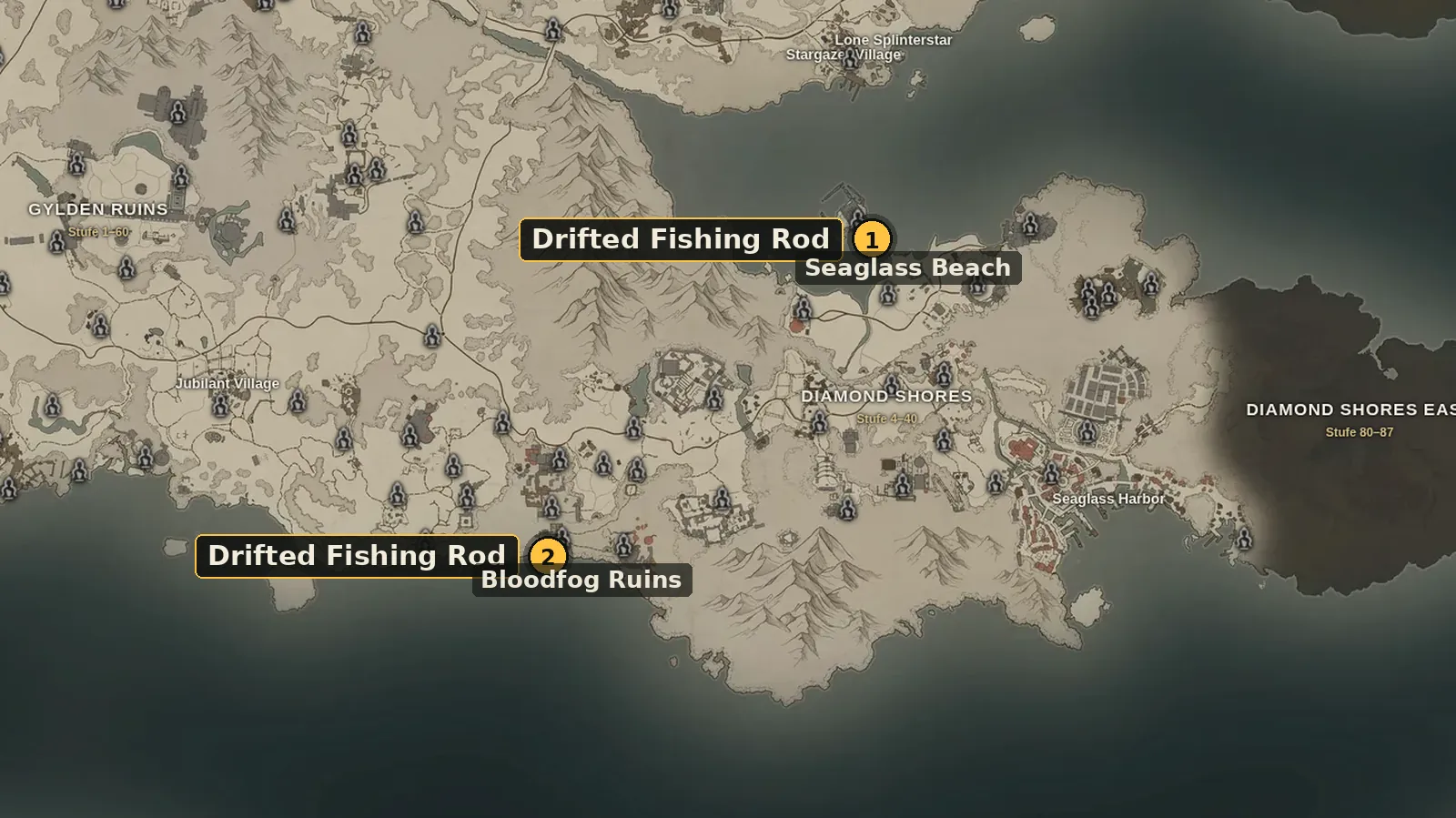 World map of Diamond Shores with both Drifted Fishing Rod locations