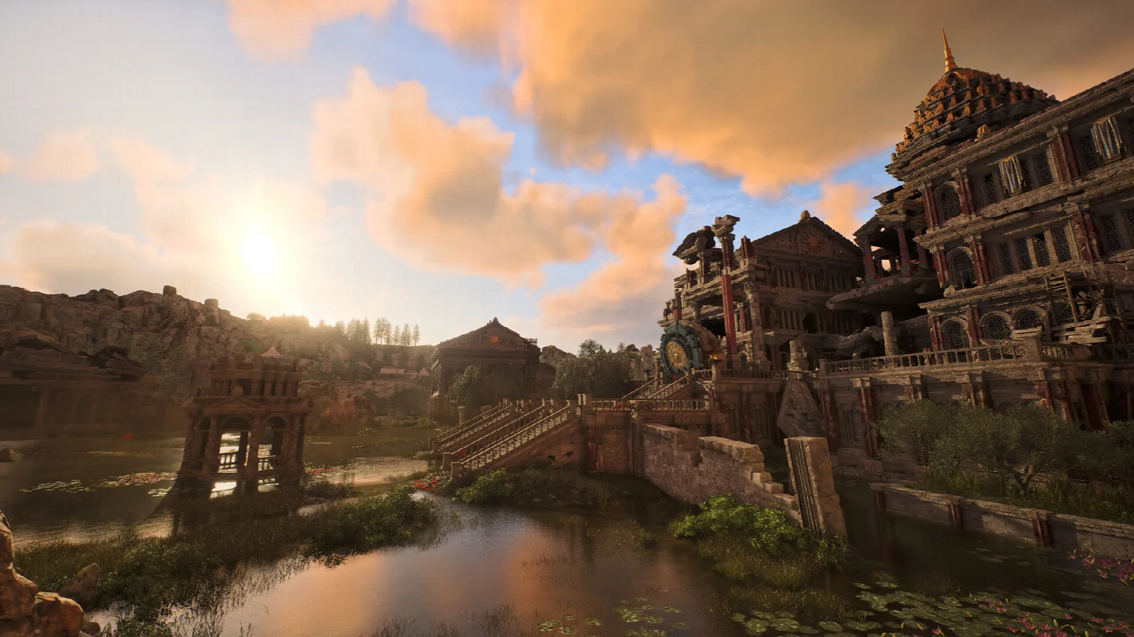 Stadt mit verwinkelten Holzgebäuden an einem Fluss bei Sonnenuntergang in ArcheAge Chronicles