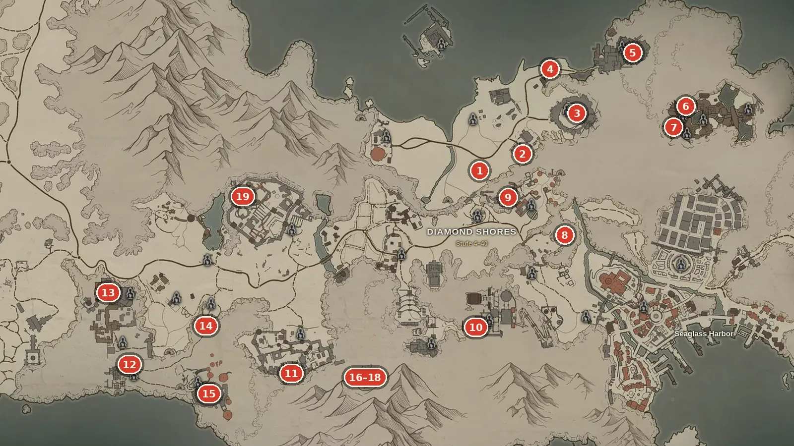 Map of Diamond Shores with all 19 field bosses as red numbered markers