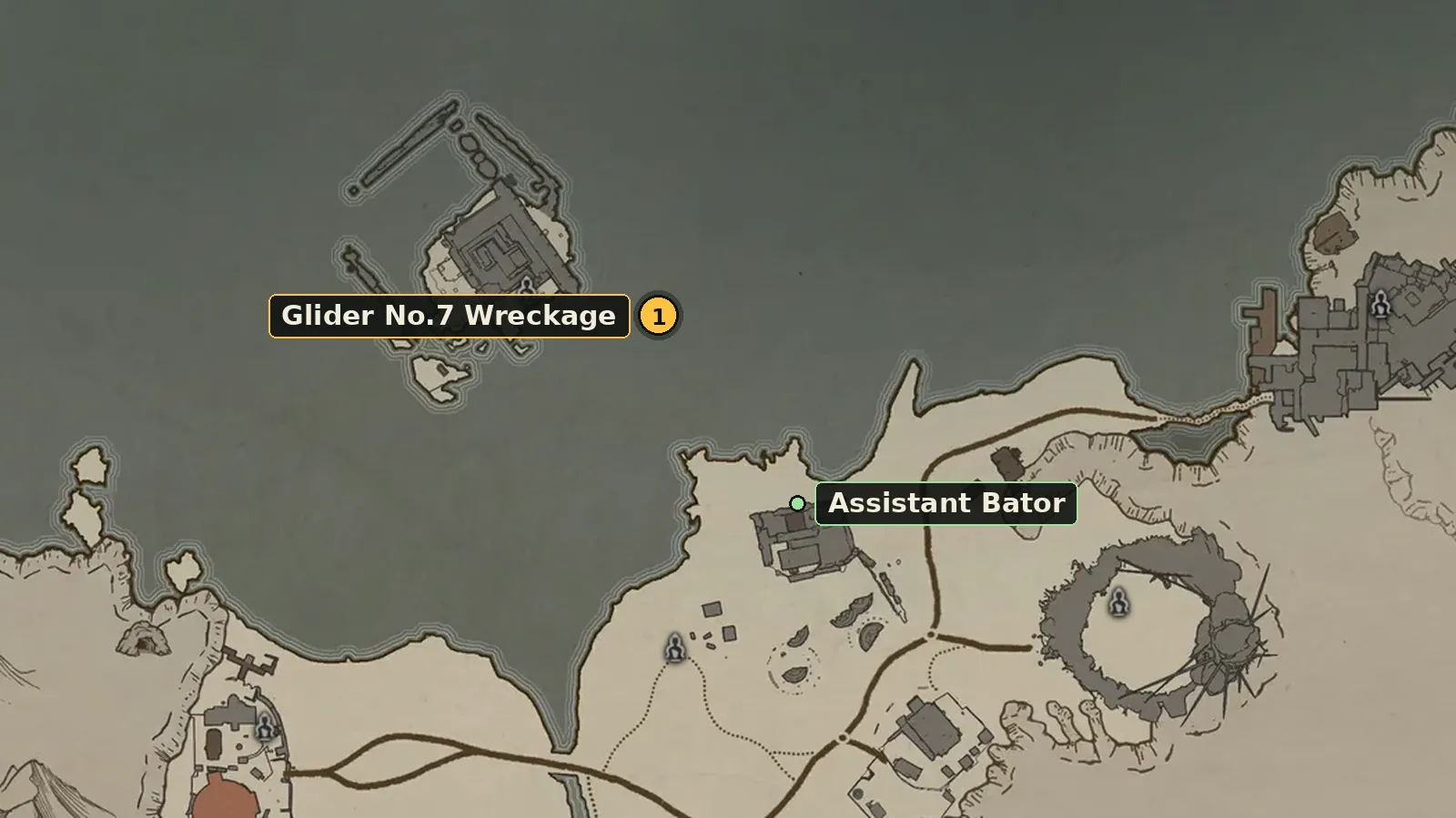 Close-up of the world map: Glider No.7 Wreckage in the water and Assistant Bator on the Seaglass Beach coast