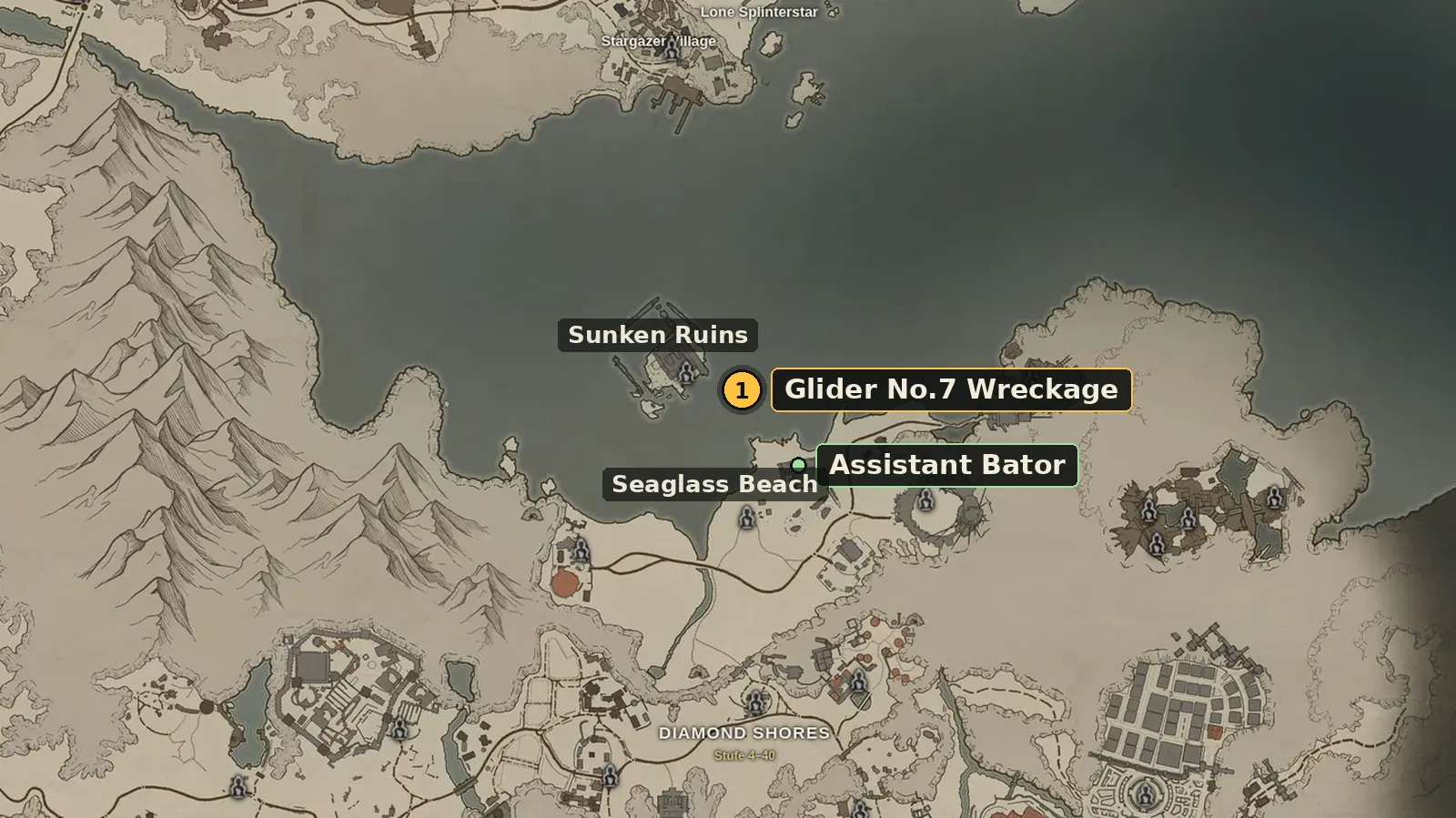 World map of the bay at Seaglass Beach with the Glider No.7 Wreckage, the Sunken Ruins and Assistant Bator