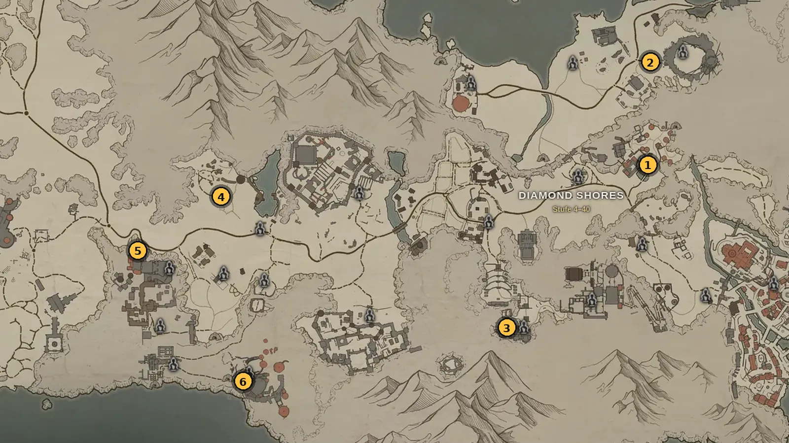 Map of Diamond Shores with the 6 Hersander’s Towers, numbered 1 to 6