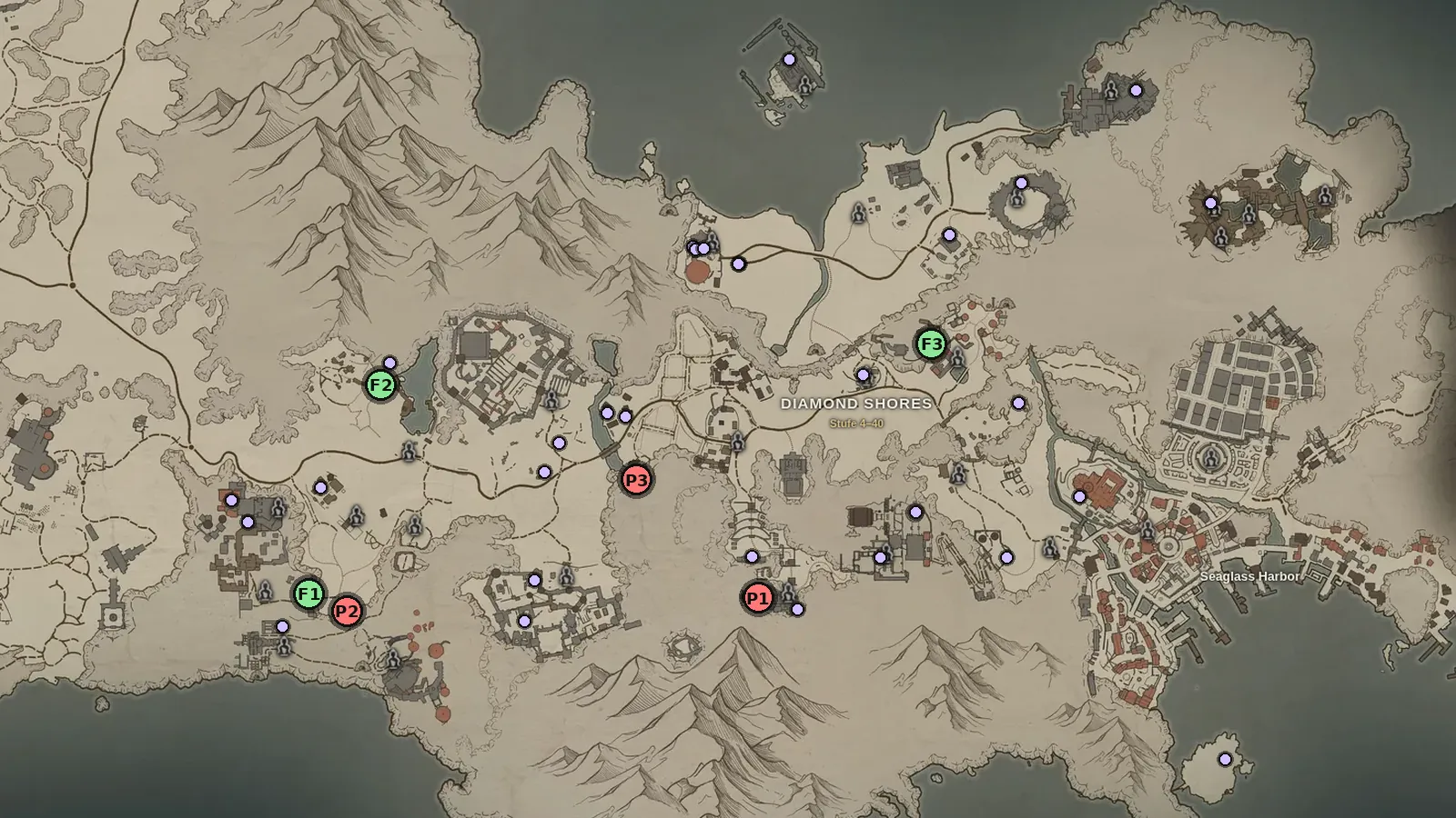 Map of Diamond Shores with the Books of Perdita (P1–P3), Mir’s Far Sight (F1–F3) and 31 Record Stones as purple dots