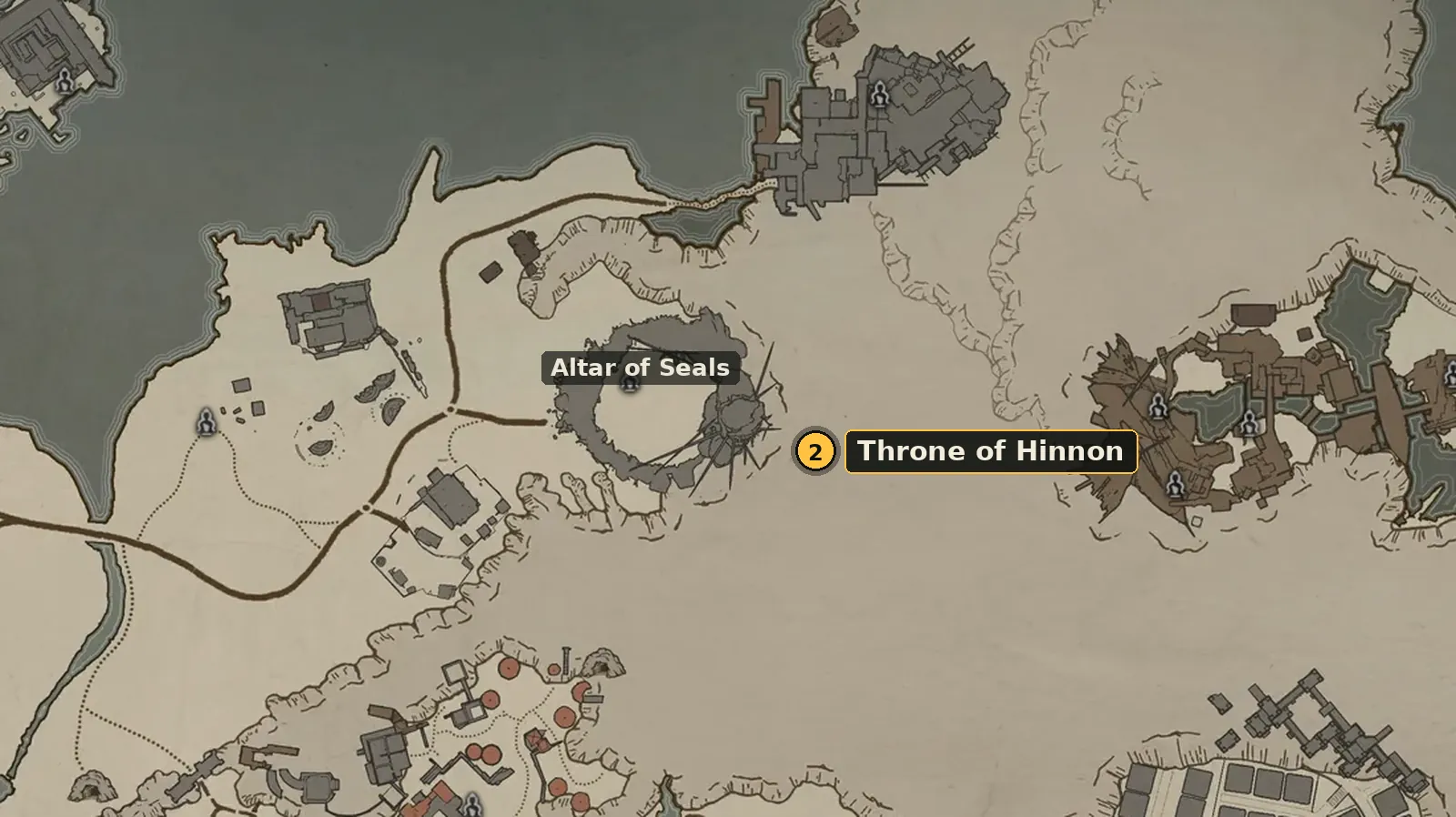 World map: Throne of Hinnon dungeon entrance east of the Altar of Seals