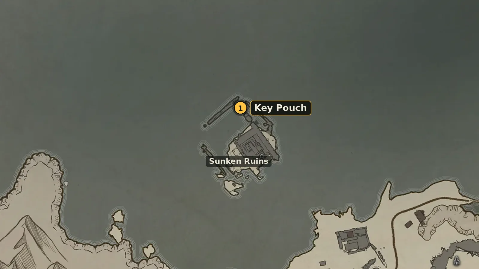 Close-up of the world map: Key Pouch on top of the Sunken Ruins