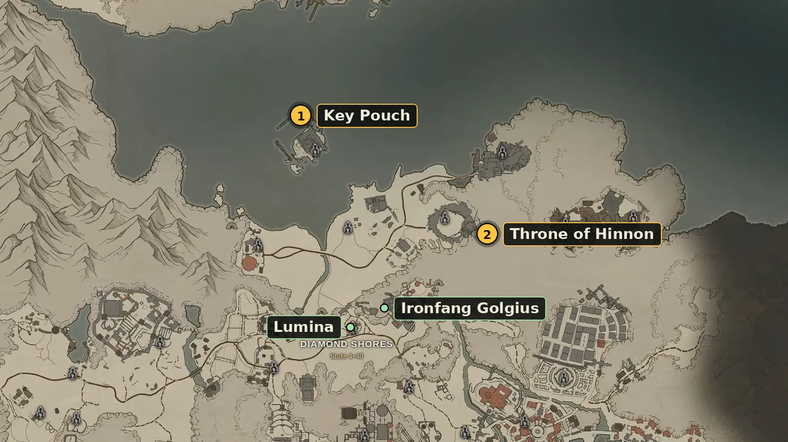 World map of Diamond Shores with Key Pouch, Throne of Hinnon, Lumina and Ironfang Golgius