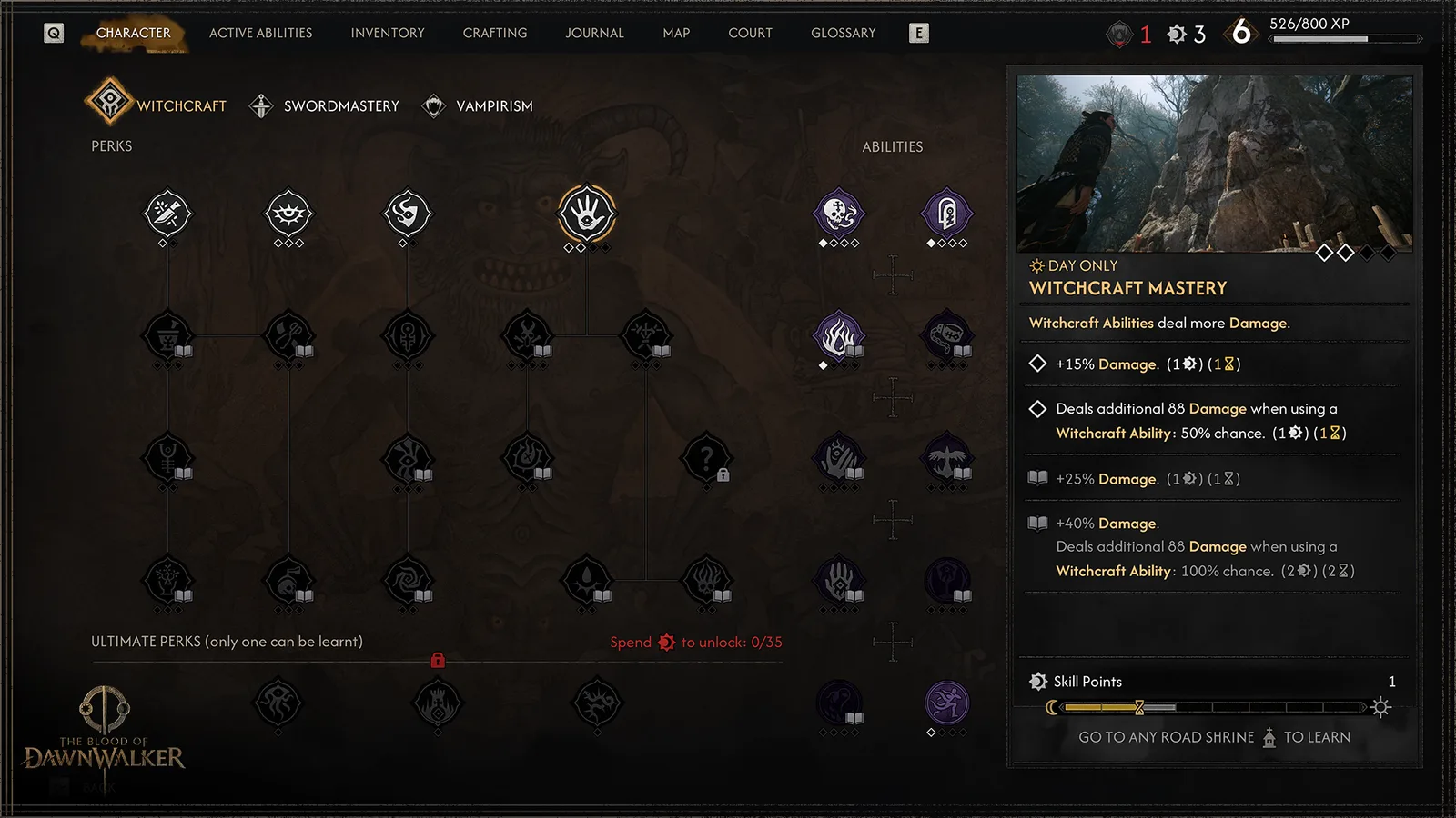 Der Hexerei-Skilltree von The Blood of Dawnwalker mit dem Perk Witchcraft Mastery