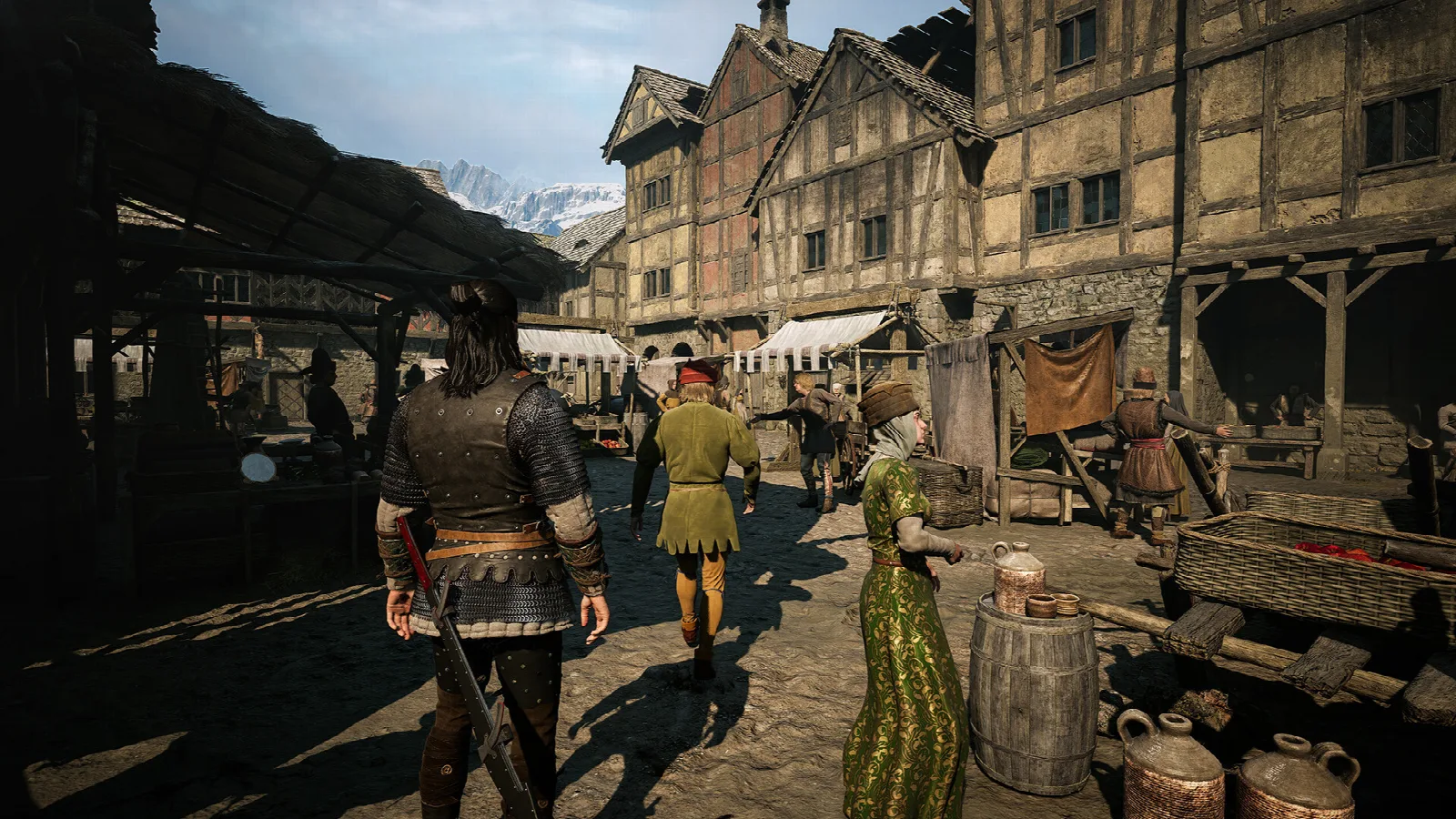 Belebte Marktstraße mit Fachwerkhäusern und Händlern in The Blood of Dawnwalker