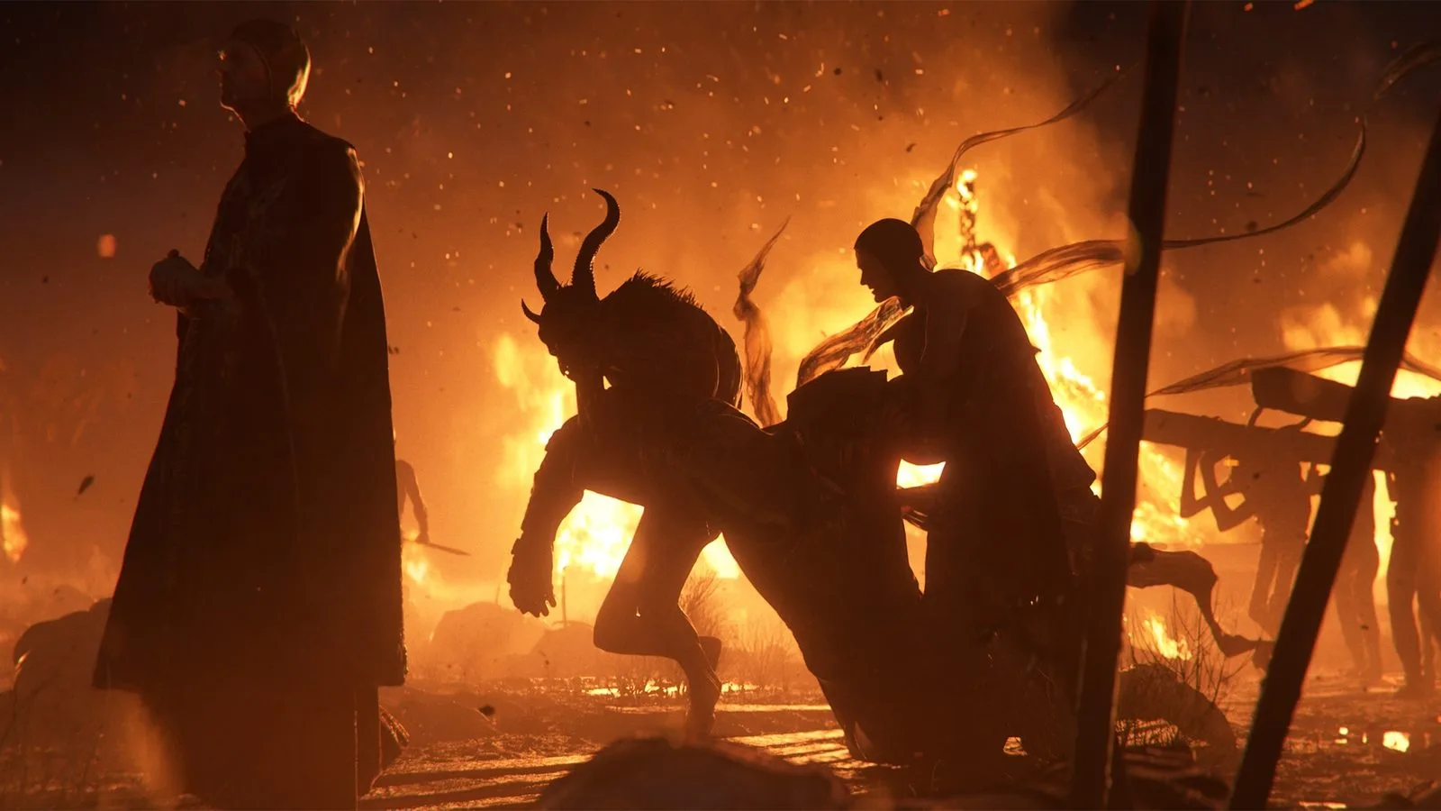 Konzeptzeichnung aus Diablo V: Dämonen fallen in einer brennenden Stadt über Menschen her