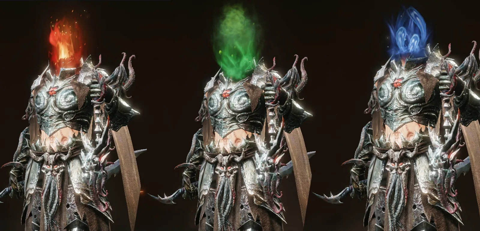 Diablo Immortal Kosmetik Headless Pyre, Miasma und Haunt mit rotem, grünem und blauem Flammenkopf
