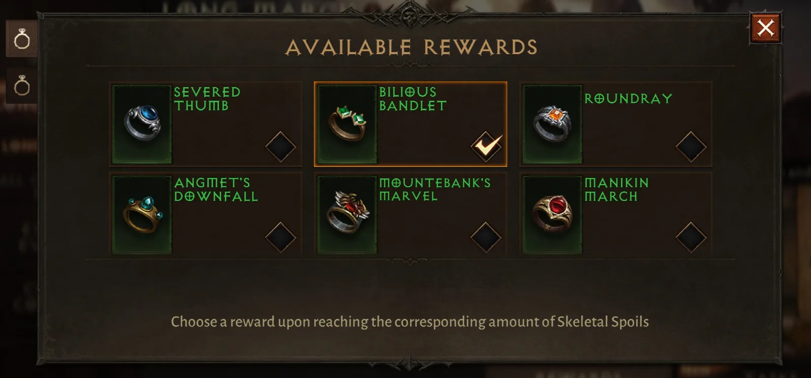 Belohnungsfenster der Event-Kampagne Long March in Diablo Immortal mit sechs wählbaren Ringen
