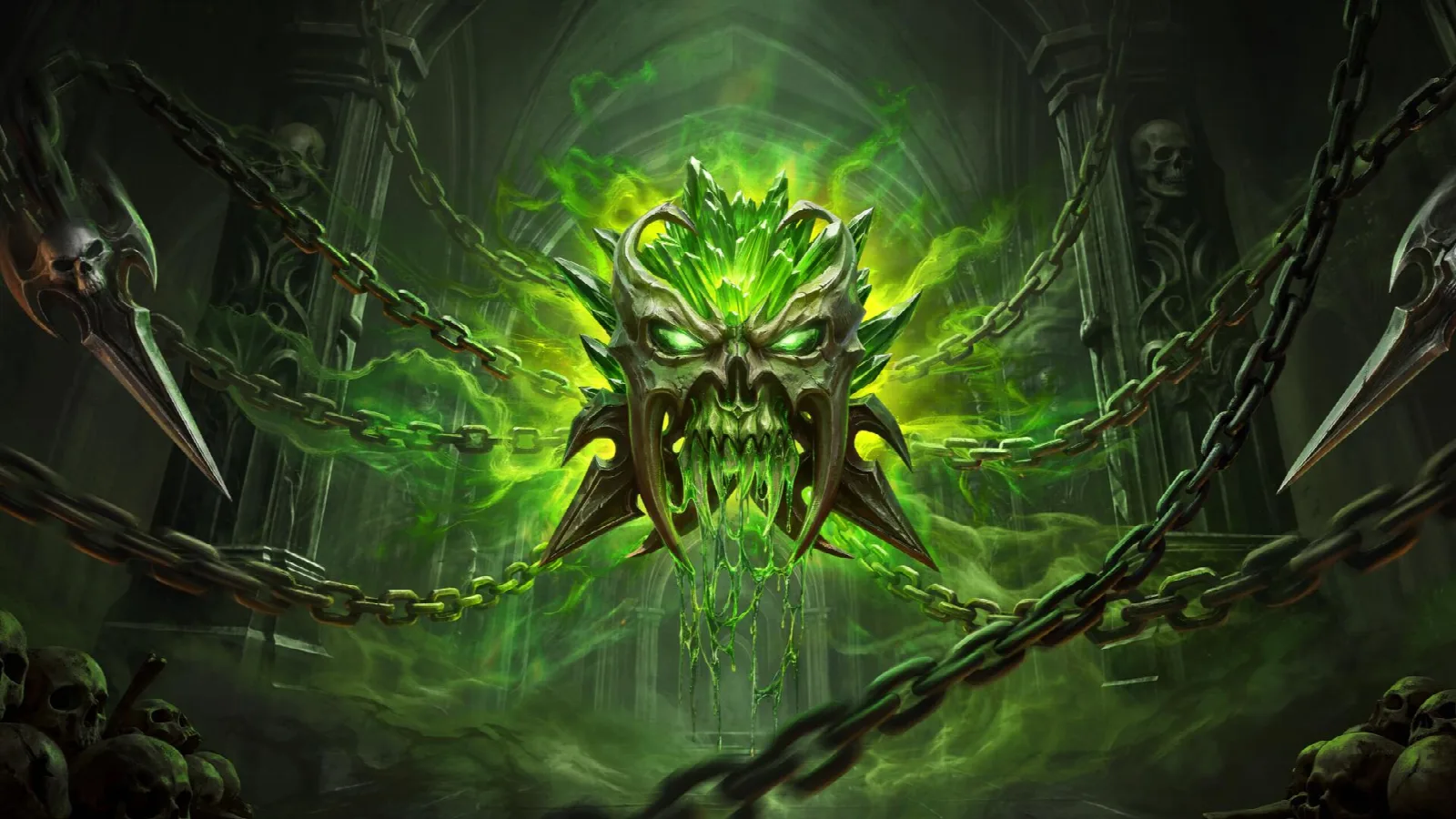 Diablo Immortal: grüner Totenschädel in Ketten als Motiv des Edelsteins Nekroplasmisches Totem