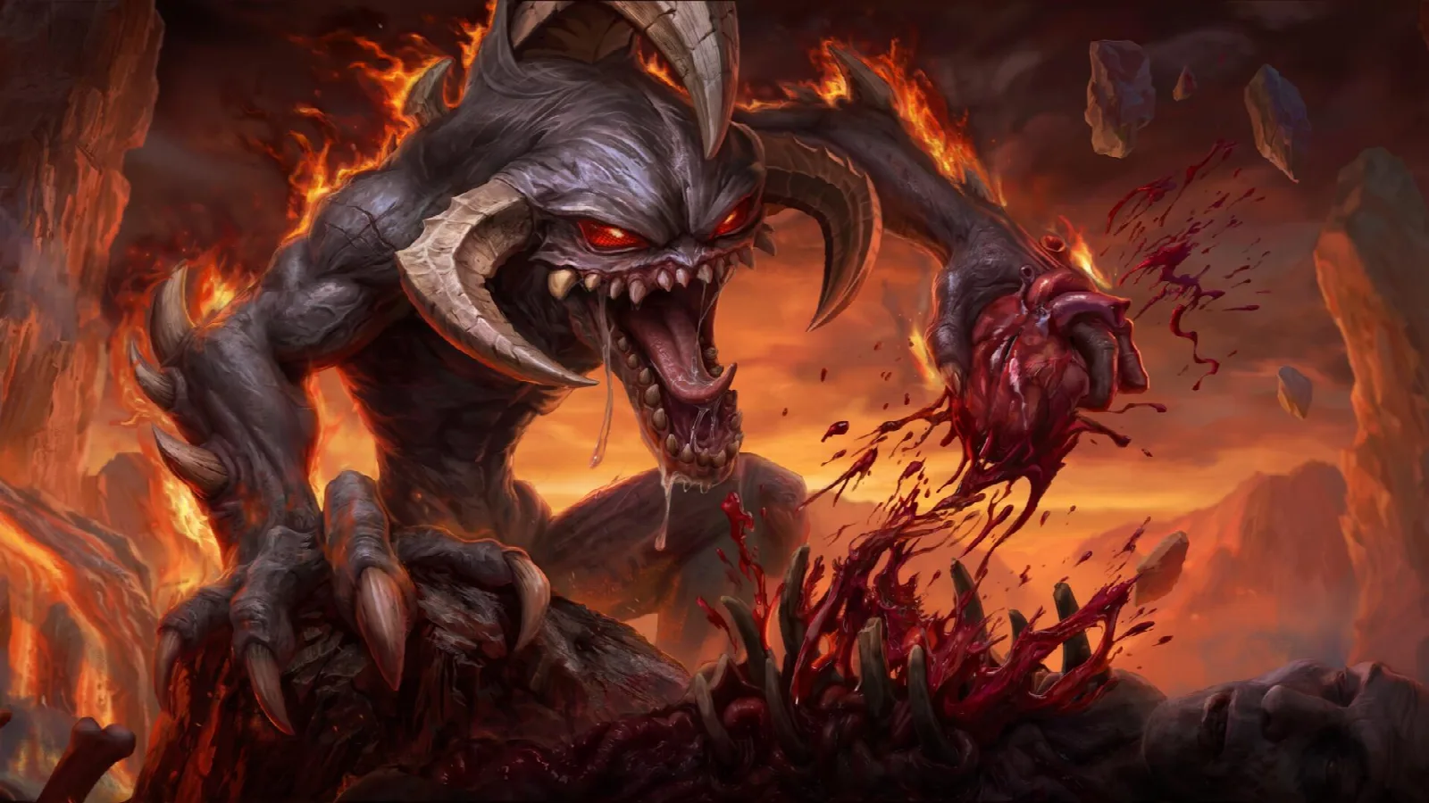 Diablo Immortal: der Dämon Schänder mit Hörnern und rotem Blick in einer Höhle aus Lava