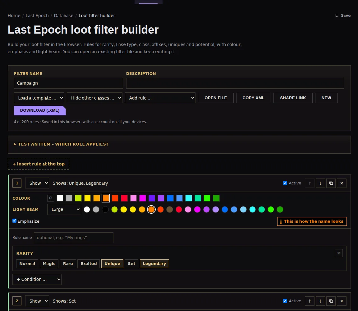 RaidDex loot filter builder with the “Campaign” template loaded