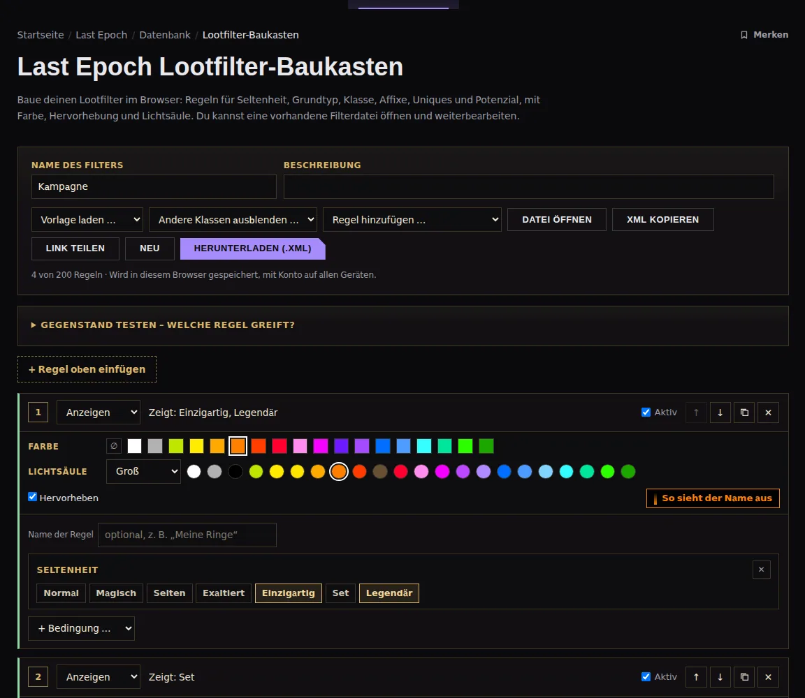 Lootfilter-Baukasten von RaidDex mit geladener Vorlage „Kampagne“