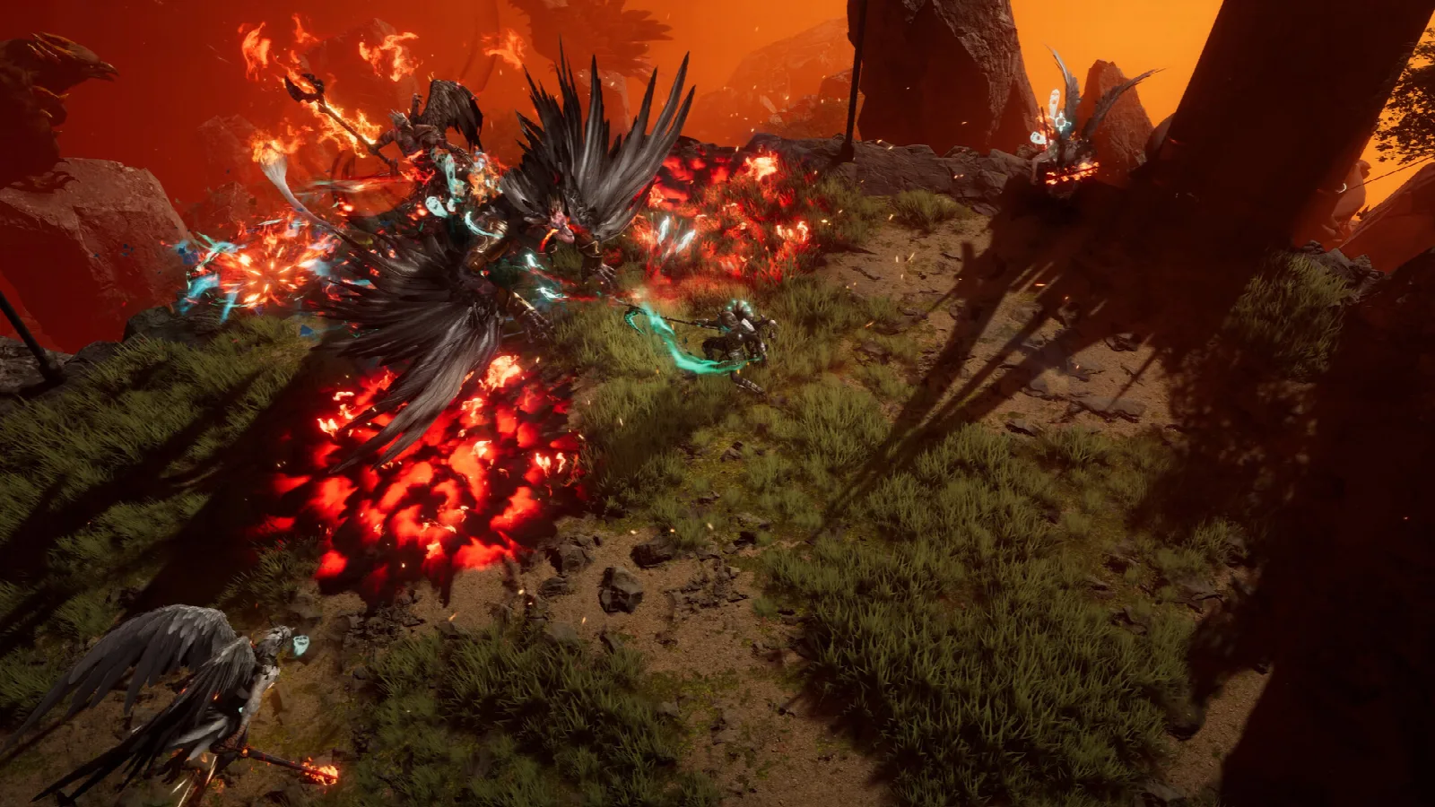 Character fighting a group of enemies with fiery effects in Last Epoch