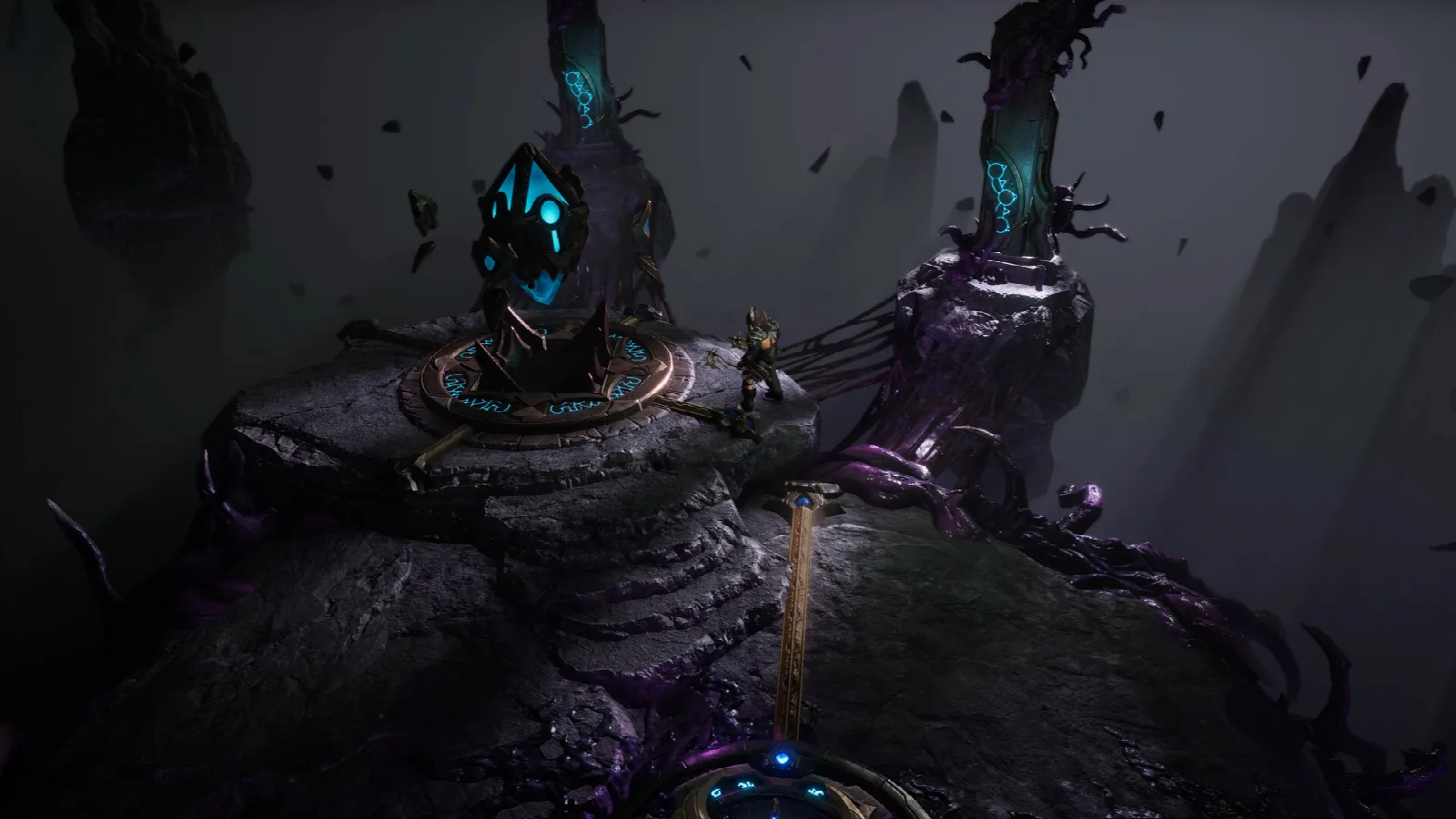 Monolith with glowing runes on a rocky platform in Last Epoch