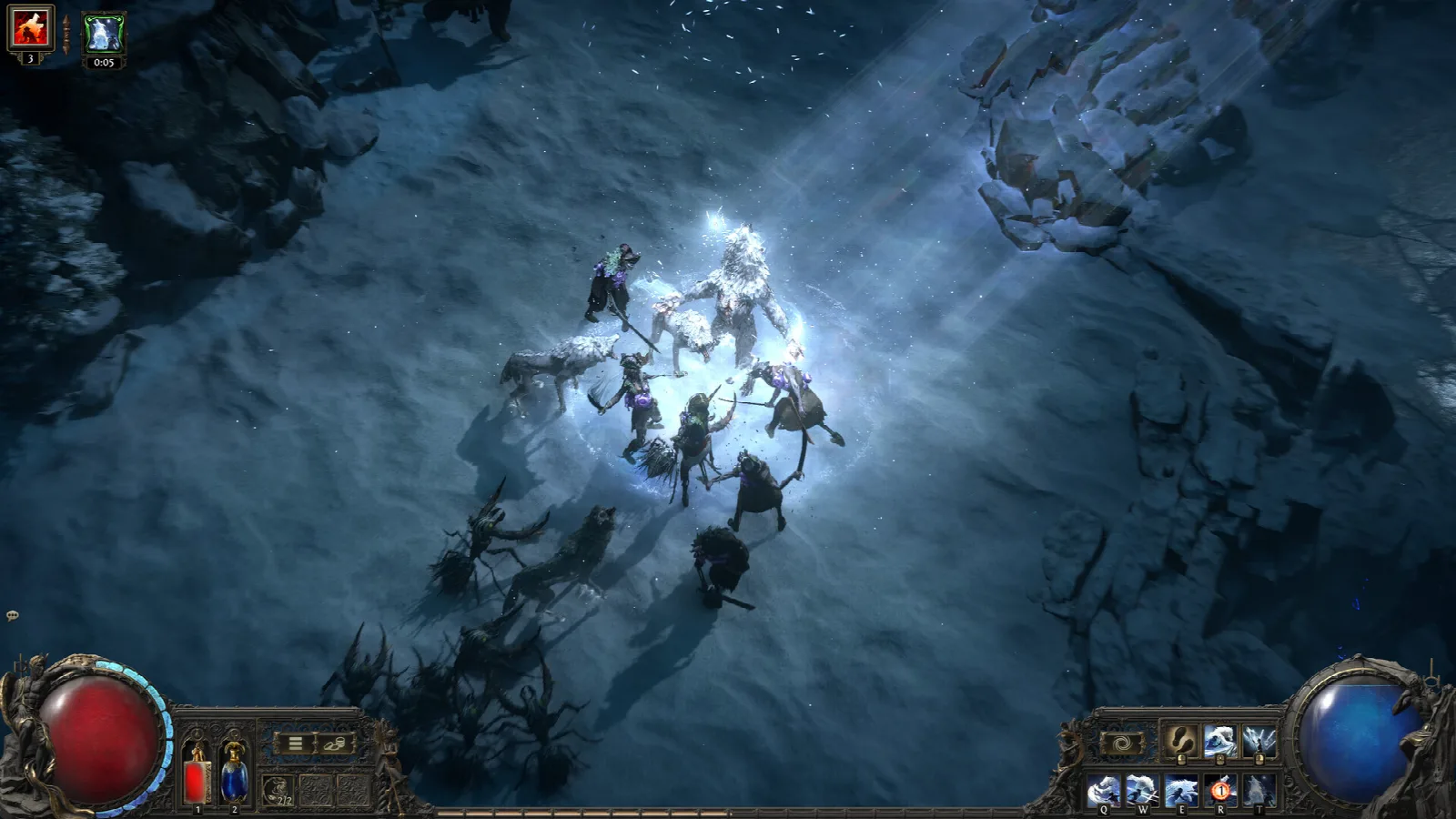 Path of Exile 2 combat in a snowy area with a character fighting a group of enemies