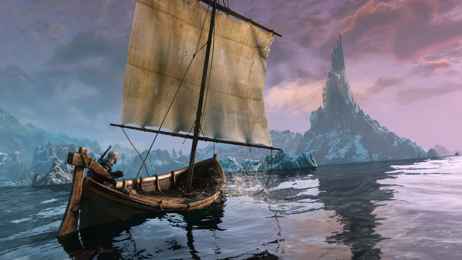 Geralt segelt in The Witcher 3 mit einem Boot über das Meer der Skellige-Inseln