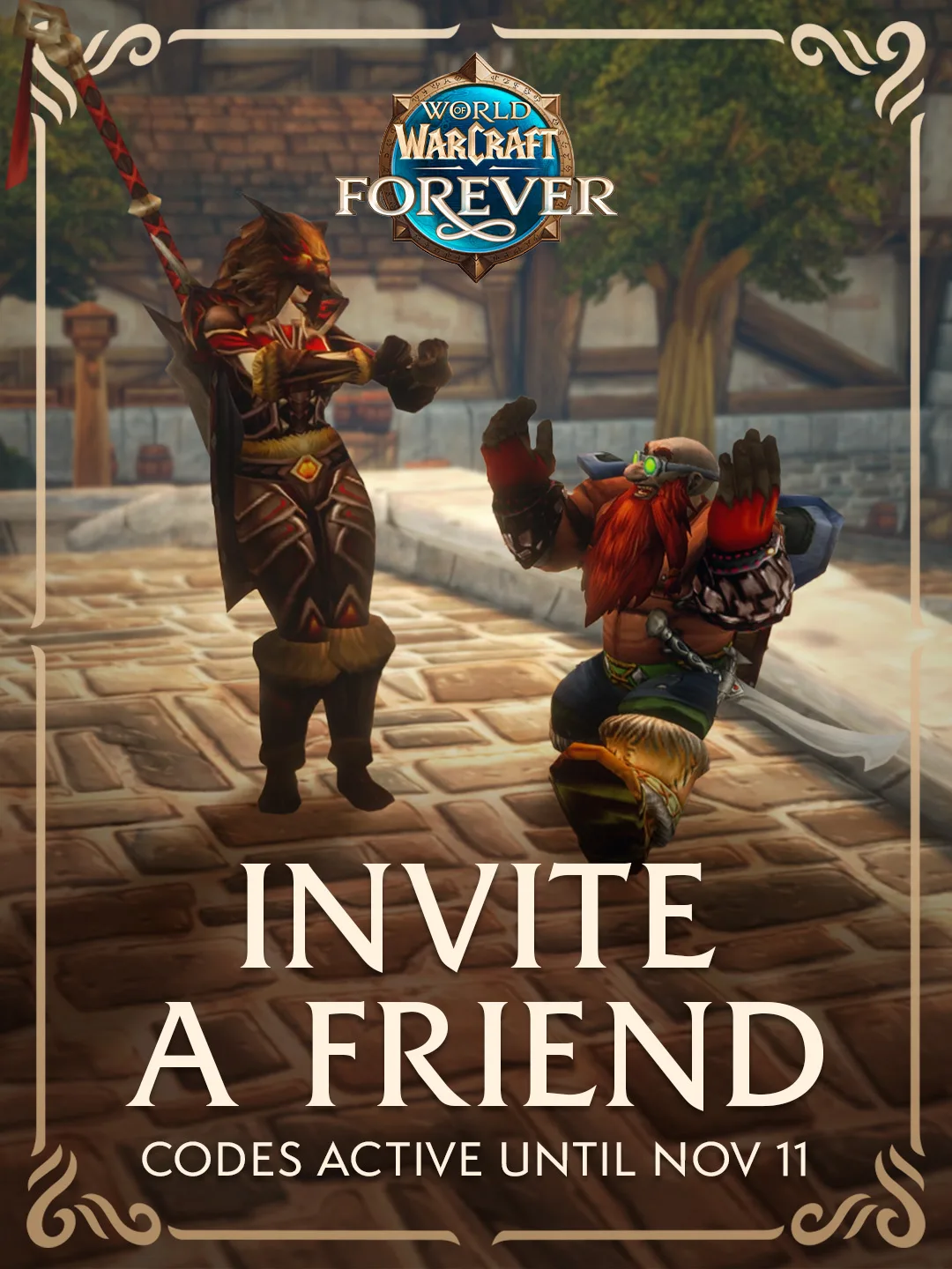 World of Warcraft: Forever promo art of two characters dancing in a town square with Invite a Friend text