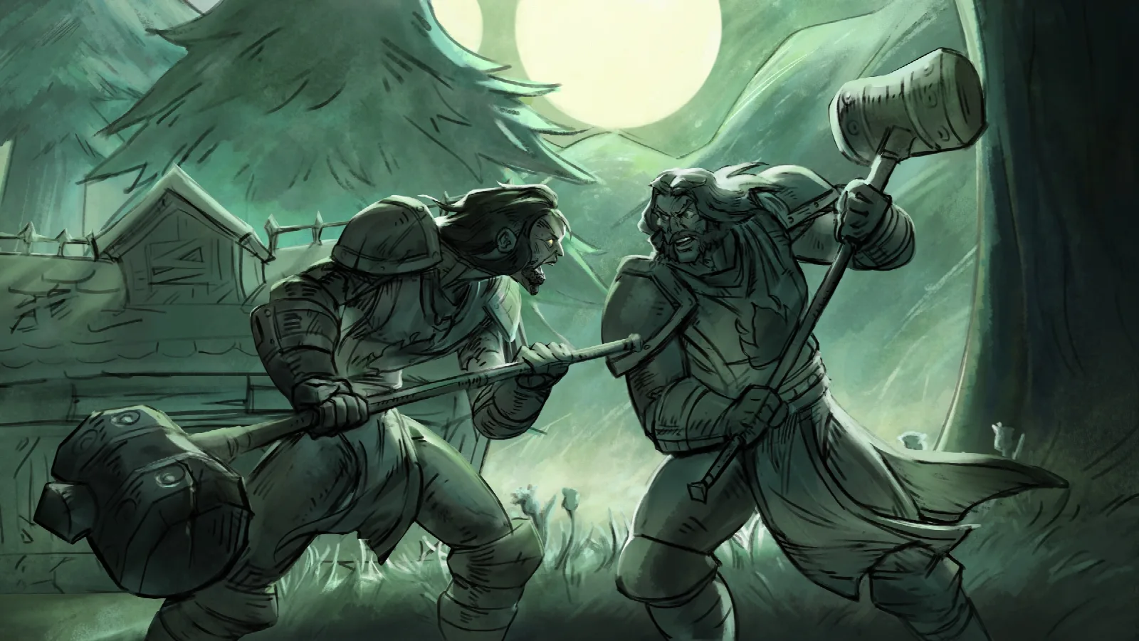 WoW: Forever short story Unbowed illustration of two warriors with warhammers fighting at night in front of a wooden house