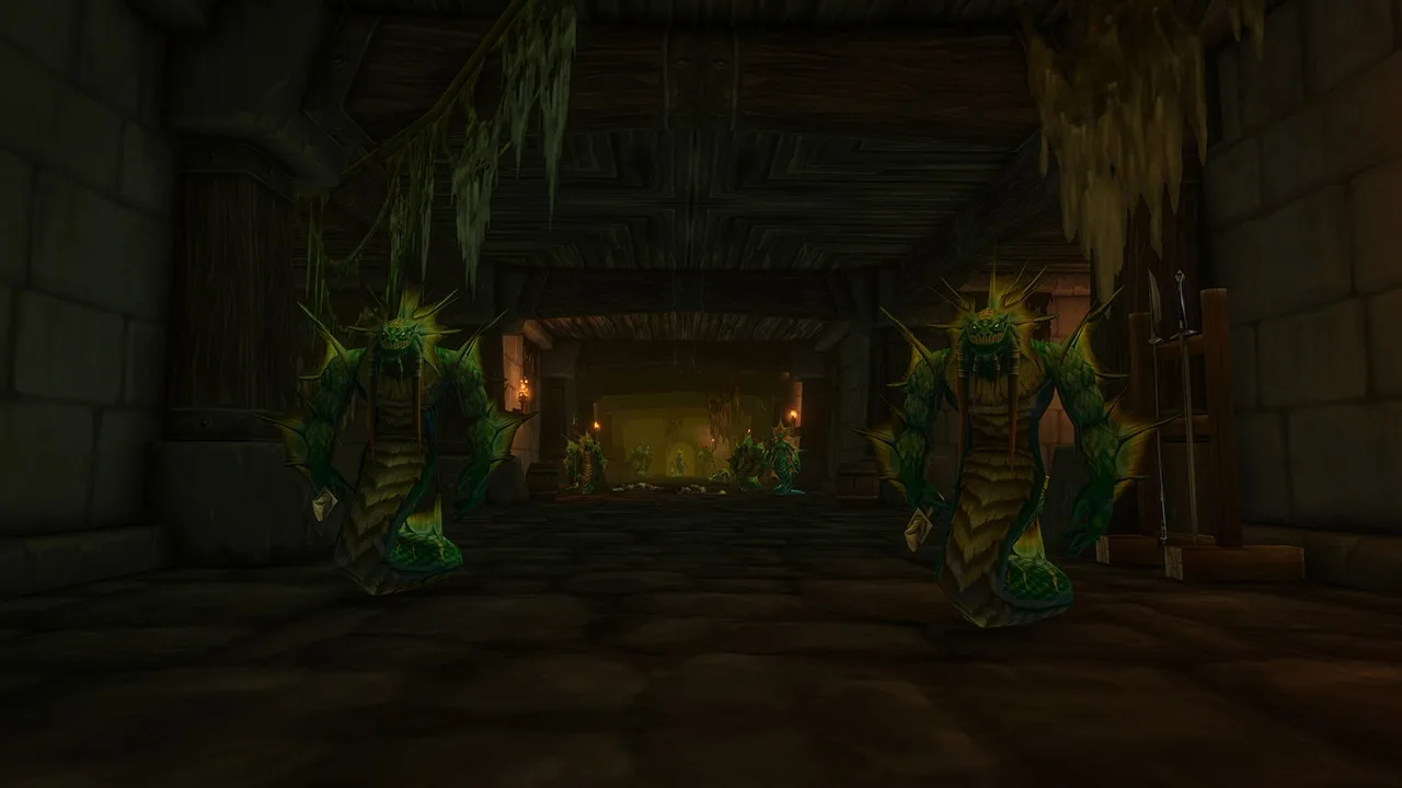 WoW: Forever Dungeon Das Gefängnis von Alcaz: zwei Naga in einem dunklen Gefängnisgang