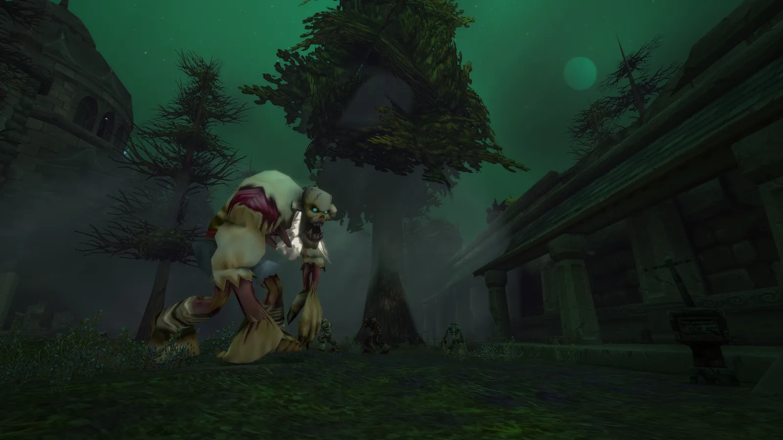 Hulking abomination among crumbling buildings in the Ruins of Lordaeron, World of Warcraft: Forever